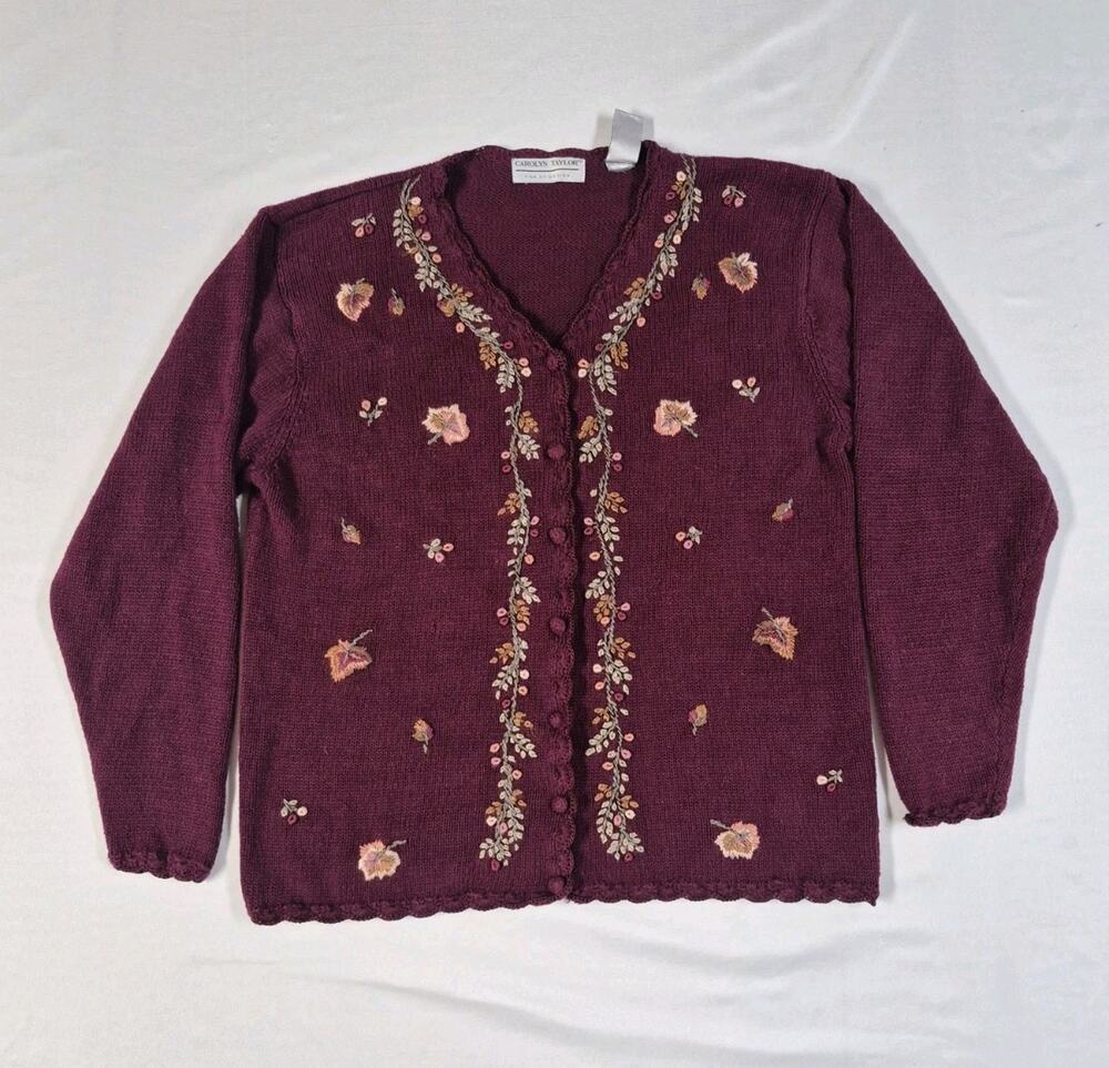 VTG Carolyn Taylor Burgundy Medium Embroidered Cardigan Sweater Cottagecore